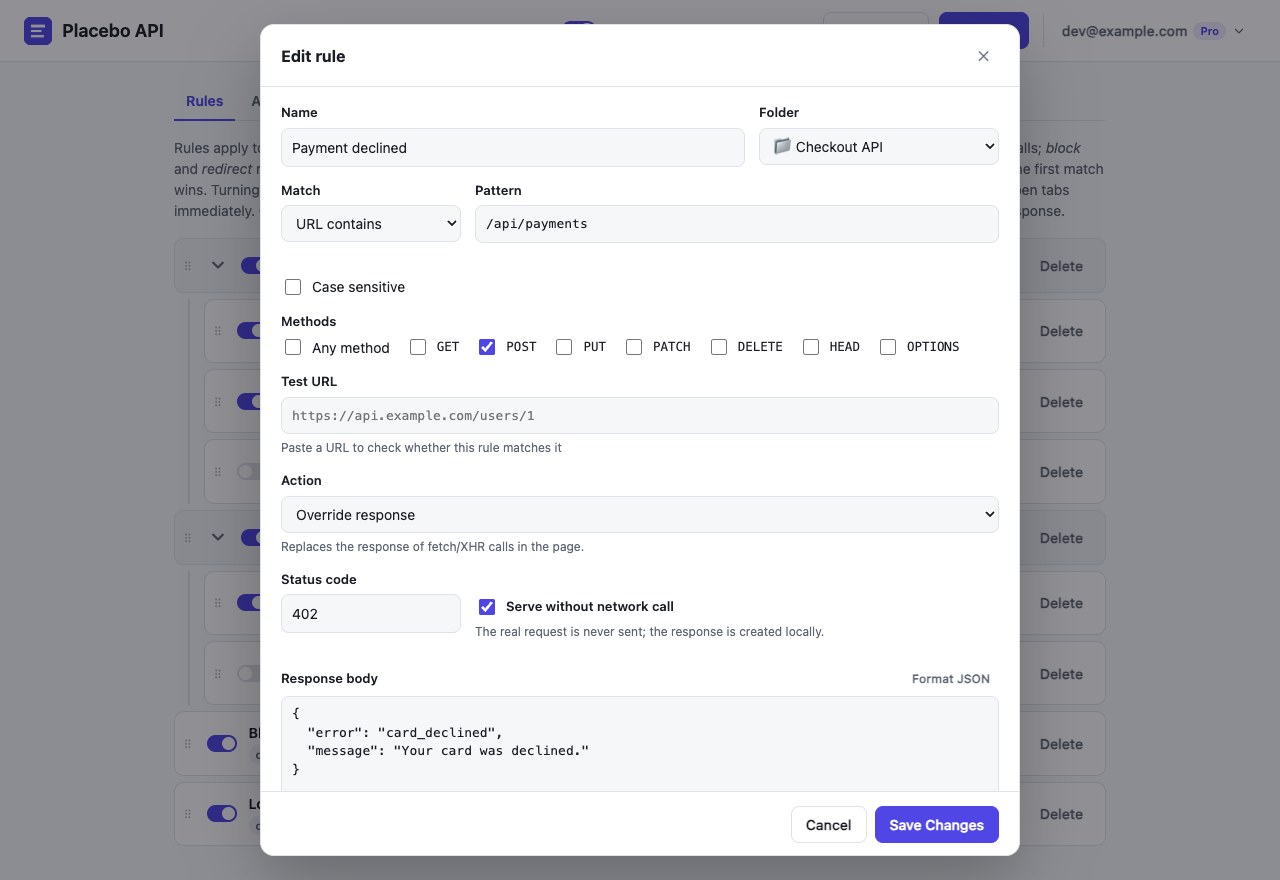 The rule editor: a URL pattern, method filter, status code and JSON response body