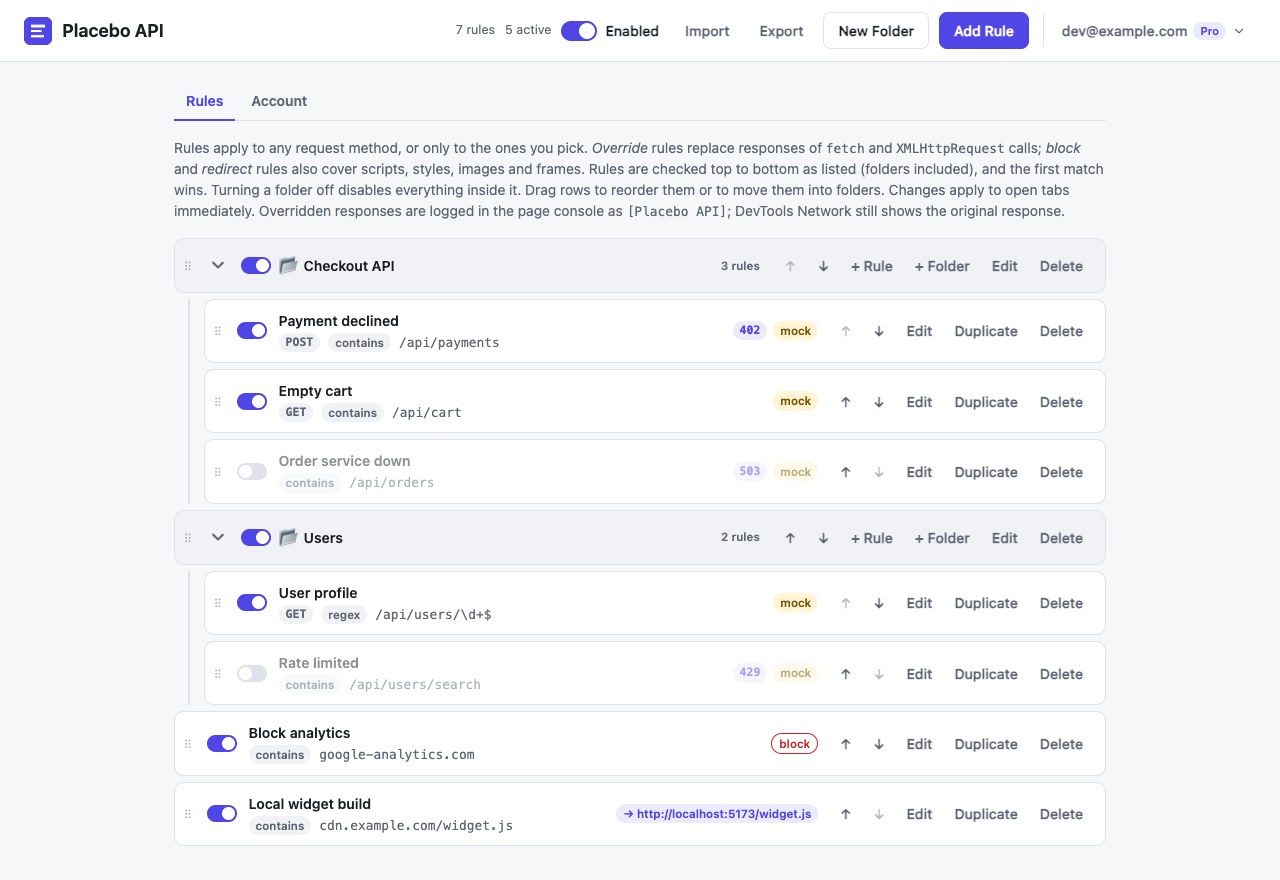 The Placebo API rules page: rules in folders that override, block and redirect requests